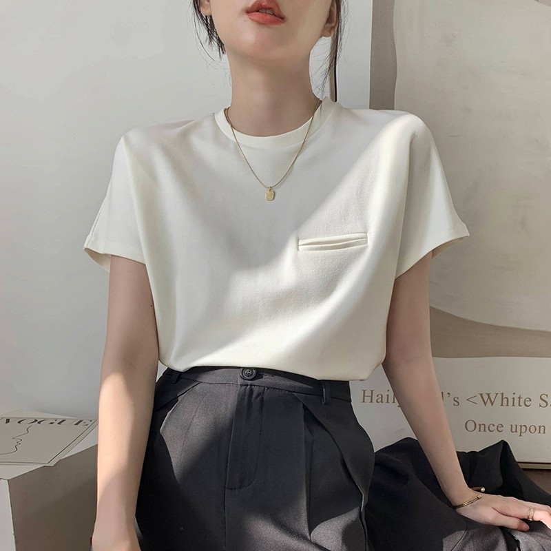 Áo Thun Tay Ngắn Cổ Tròn Màu Sắc Đơn Giản Phong Cách Hàn Quốc Cho Nữ