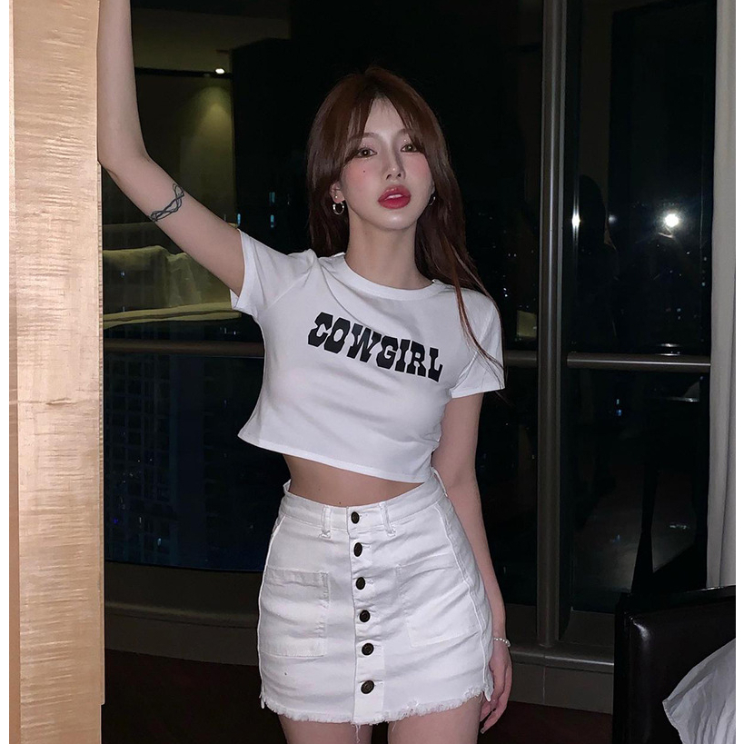 Áo Thun Croptop Tay Ngắn Dáng Ôm Phong Cách Retro Mỹ Thời Trang Mùa Hè Cho Nữ