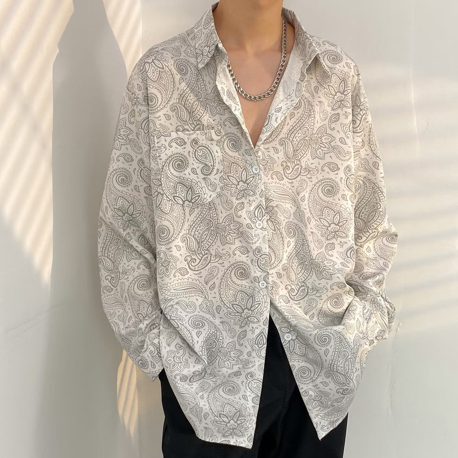 Áo Sơ Mi Tay Dài Dáng Rộng In Họa Tiết Phong Cách Hàn Quốc Thời Trang Mùa Hè Cho Nam