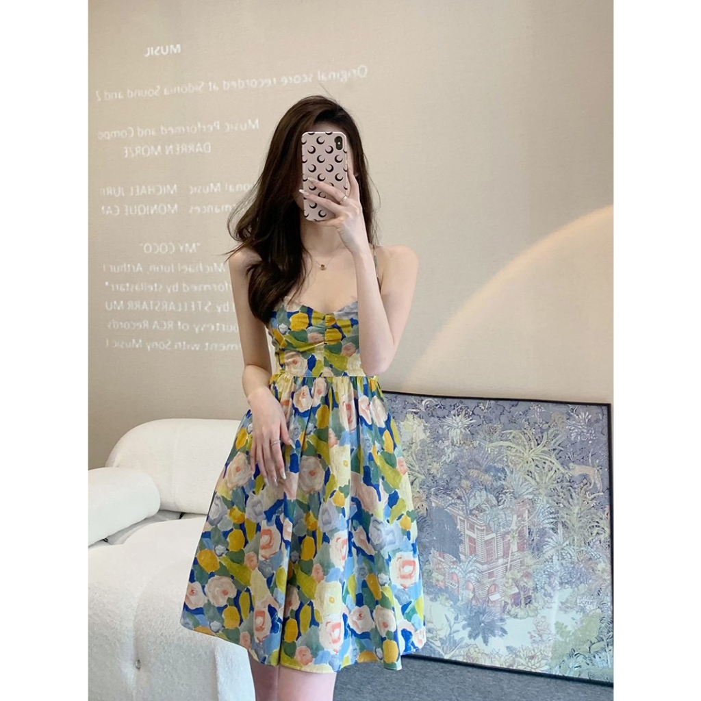 Đầm Hai Dây Dáng Ôm In Hoa Phong Cách Pháp Thời Trang Cho Nữ