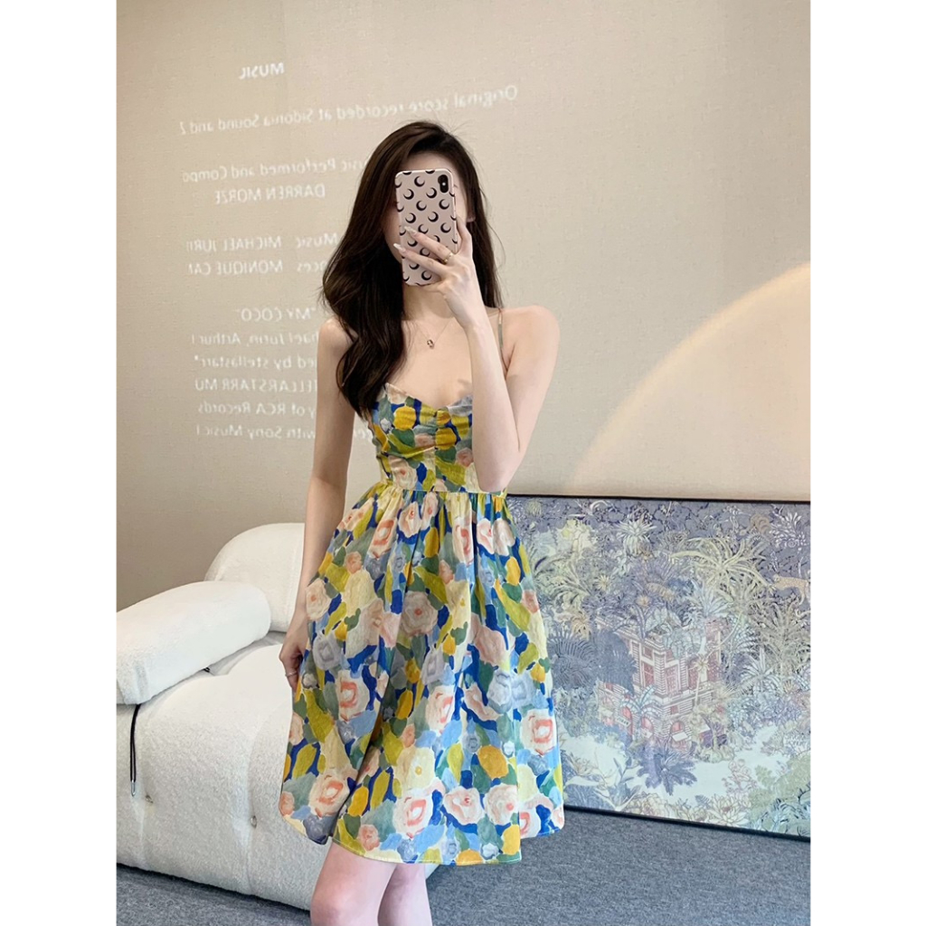 Đầm Hai Dây Dáng Ôm In Hoa Phong Cách Pháp Thời Trang Cho Nữ