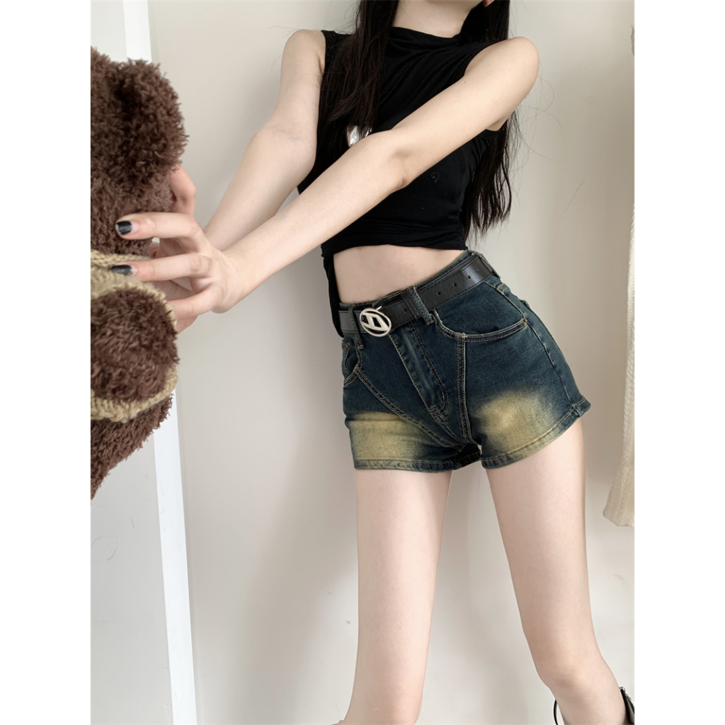 Quần short denim Lưng Cao Thêu Họa Tiết Phong Cách Retro Mỹ Cho Nữ