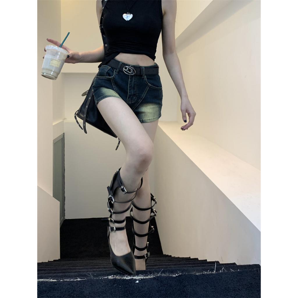 Quần short denim Lưng Cao Thêu Họa Tiết Phong Cách Retro Mỹ Cho Nữ