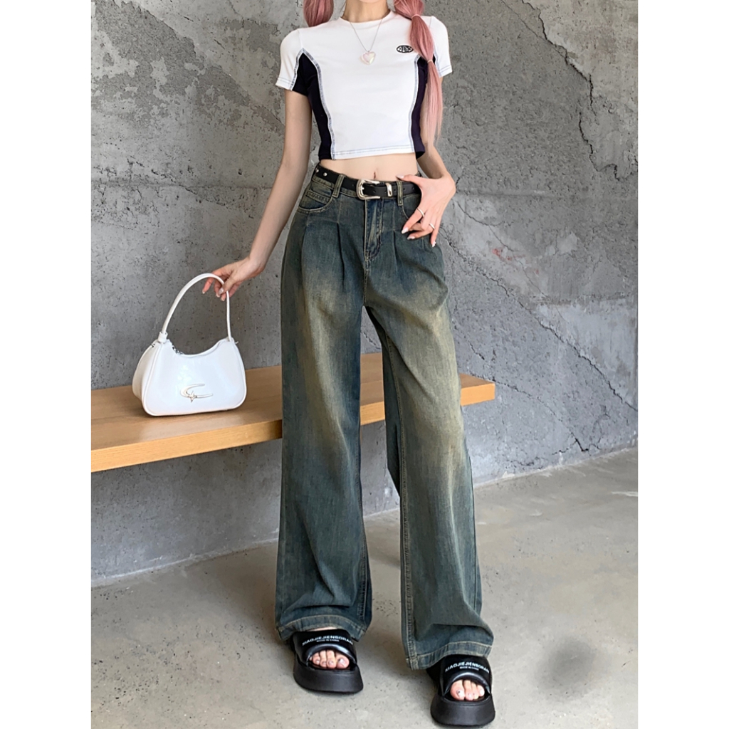 🍓Straight stretch jeans for women with retro washed loose wide leg long pants