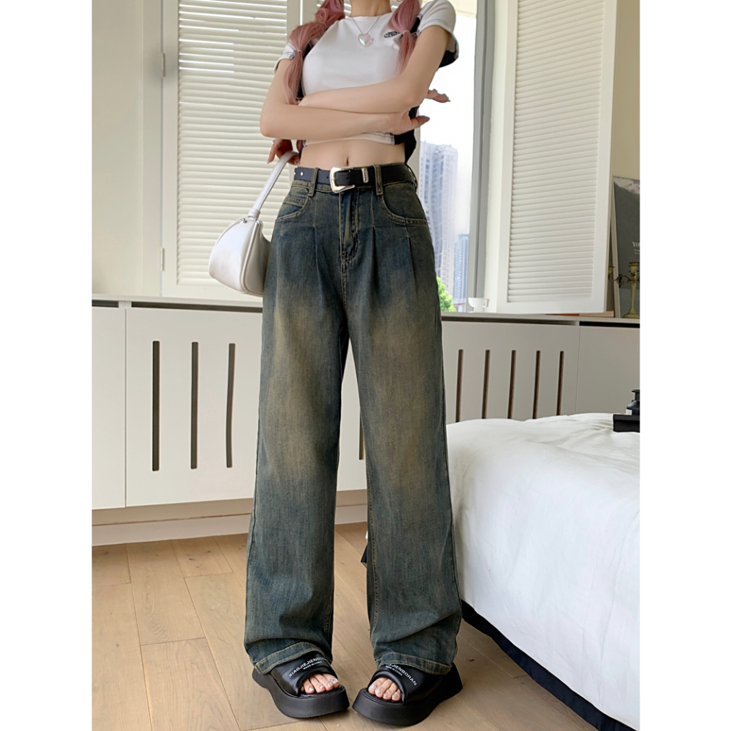 🍓Straight stretch jeans for women with retro washed loose wide leg long pants