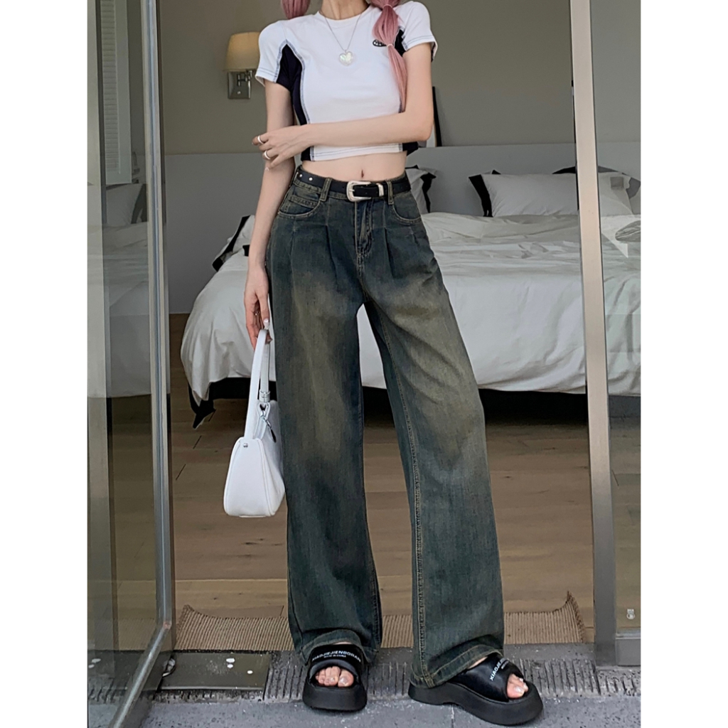 🍓Straight stretch jeans for women with retro washed loose wide leg long pants