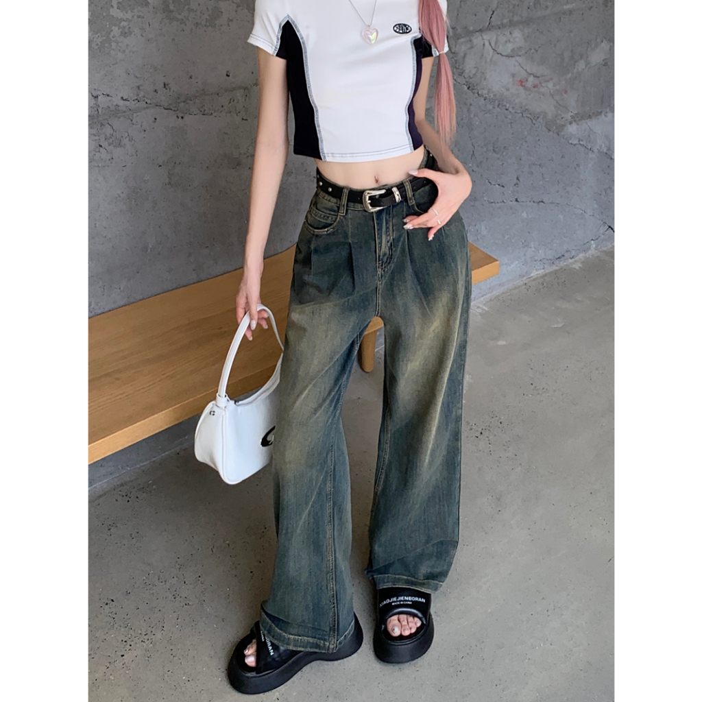 🍓Straight stretch jeans for women with retro washed loose wide leg long pants