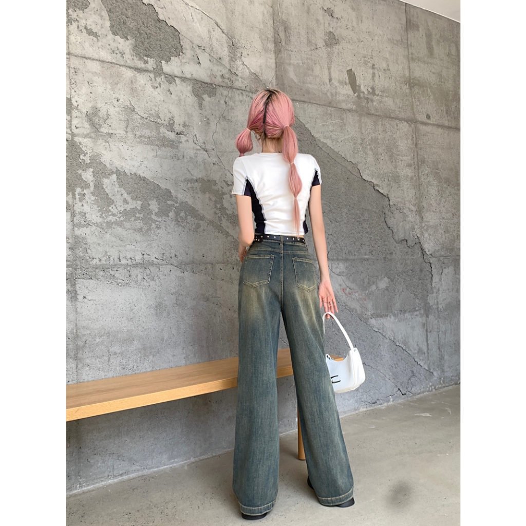 🍓Straight stretch jeans for women with retro washed loose wide leg long pants