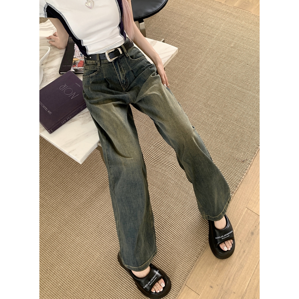 🍓Straight stretch jeans for women with retro washed loose wide leg long pants