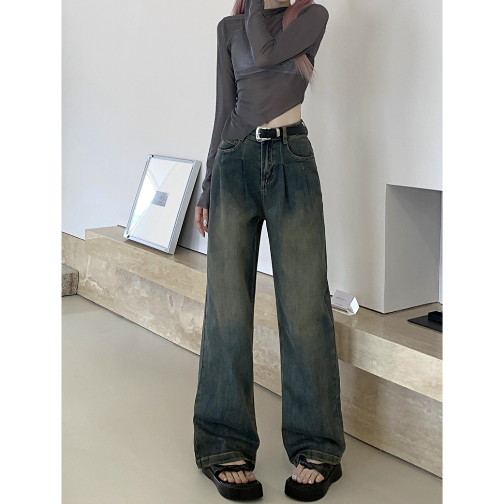 🍓Straight stretch jeans for women with retro washed loose wide leg long pants