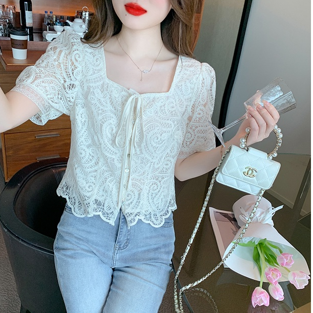 Áo Sơ Mi Chiffon Tay Ngắn Phối Ren Thời Trang Mùa Hè 2023 Phong Cách Mới Cho Nữ