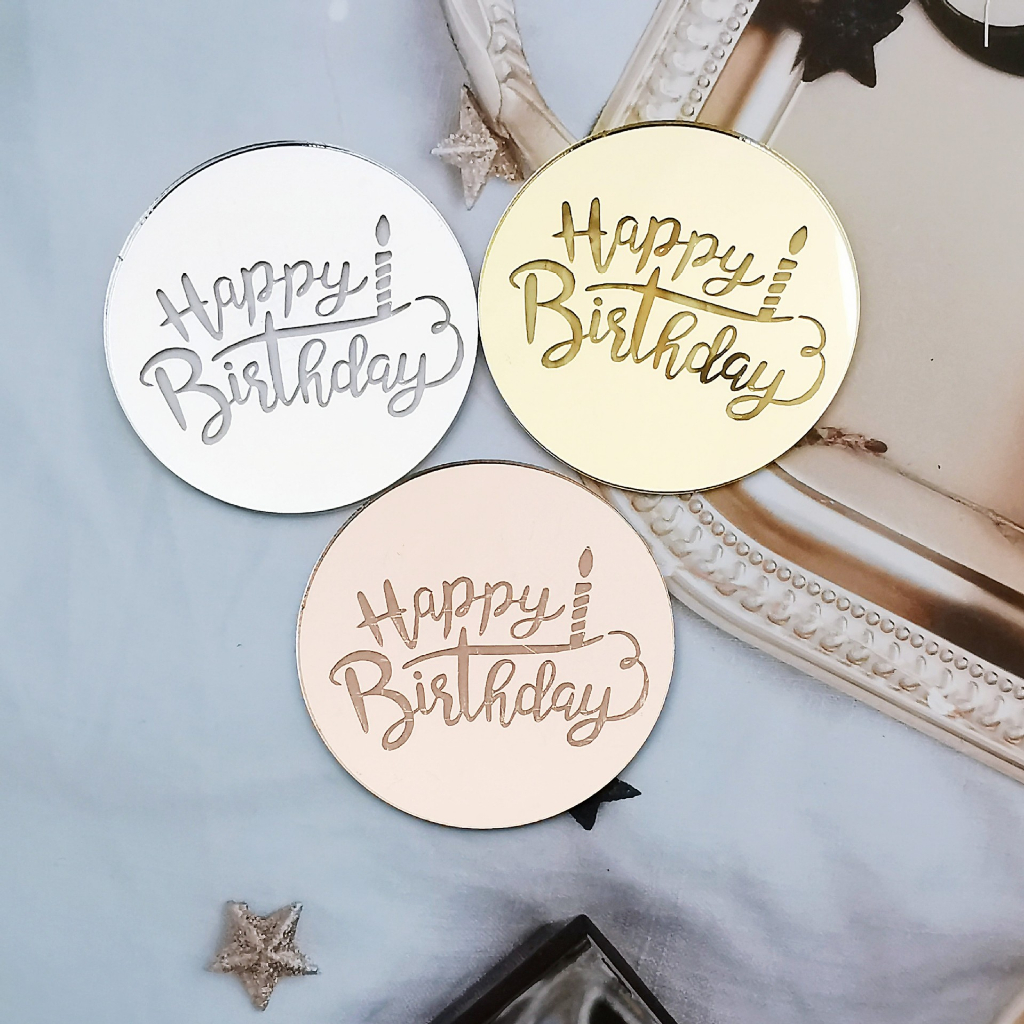 Acrylic Chúc Mừng Sinh Nhật Bánh Topper Vòng Tròn Mini Topper Cupcake Topper Vàng Bạc Hoa Hồng Đỏ Hồ