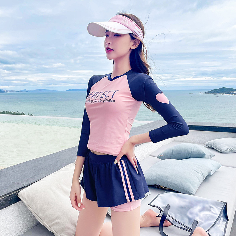Bộ Đồ Bơi Hai Mảnh Áo Tay Dài + Chân Váy Xẻ Tà Phong Cách Hàn Quốc Thời Trang Cho Nữ fzc267