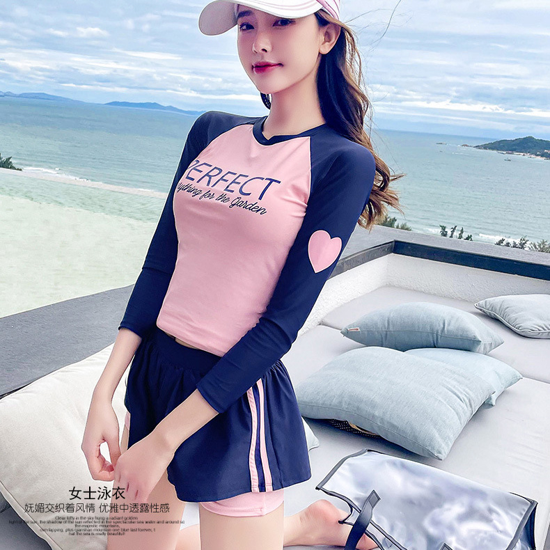 Bộ Đồ Bơi Hai Mảnh Áo Tay Dài + Chân Váy Xẻ Tà Phong Cách Hàn Quốc Thời Trang Cho Nữ fzc267