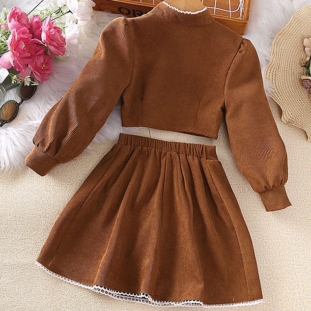 Bộ Áo + Chân Váy 2 Món Màu Khaki Phong Cách Đường Phố Thời Trang Mùa Hè Cho Bé Gái 4-7 Tuổi