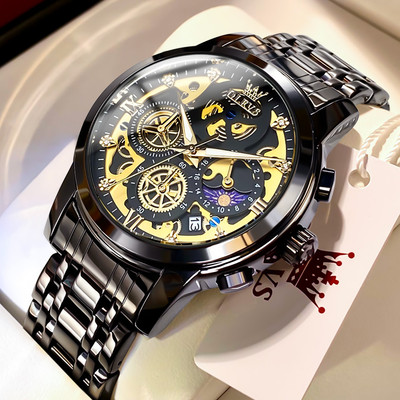 OLEVS Đồng hồ nam chống nước dây đeo thép không gỉ  bấm giờ  phát sáng Thiết kế mặt số Skeleton 9947