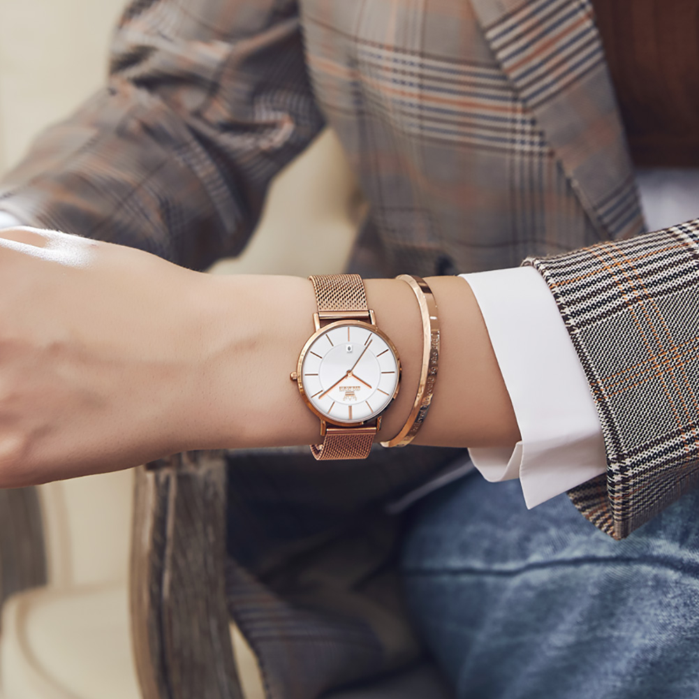 Đồng hồ đeo tay OLEVS 5869 dây đeo thép lưới siêu mỏng có lịch chống thấm nước màu vàng hồng thời trang cho nữ