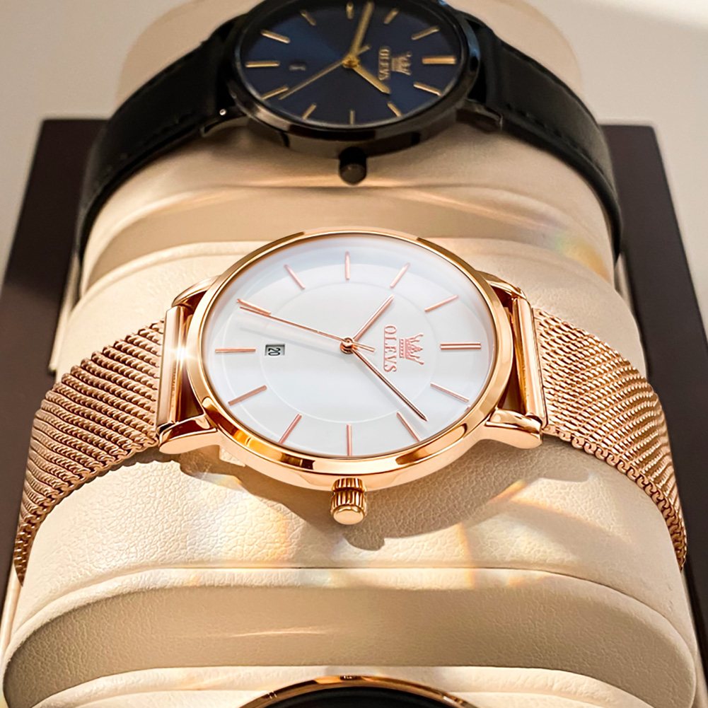 Đồng hồ đeo tay OLEVS 5869 dây đeo thép lưới siêu mỏng có lịch chống thấm nước màu vàng hồng thời trang cho nữ