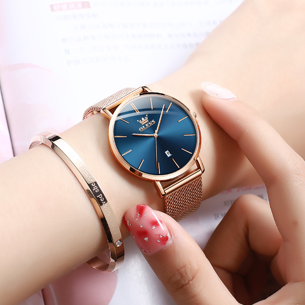 Đồng hồ đeo tay OLEVS 5869 dây đeo thép lưới siêu mỏng có lịch chống thấm nước màu vàng hồng thời trang cho nữ
