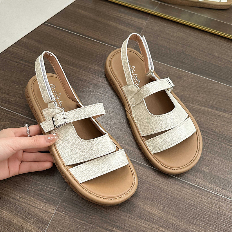 Giày Sandal Đế Mềm Phẳng Hở Ngón Mùa Hè 2023 Có Khóa Cài Phong Cách Roman Cho Nữ