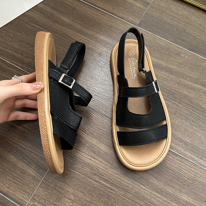 Giày Sandal Đế Mềm Phẳng Hở Ngón Mùa Hè 2023 Có Khóa Cài Phong Cách Roman Cho Nữ