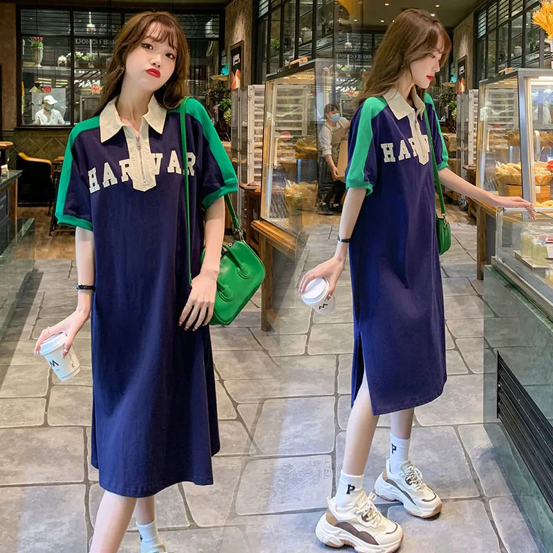 Đầm Thun Cotton Dáng Rộng Phối Màu Tương Phản Thời Trang Mùa Hè Hàn Quốc 2023 Cho Nữ