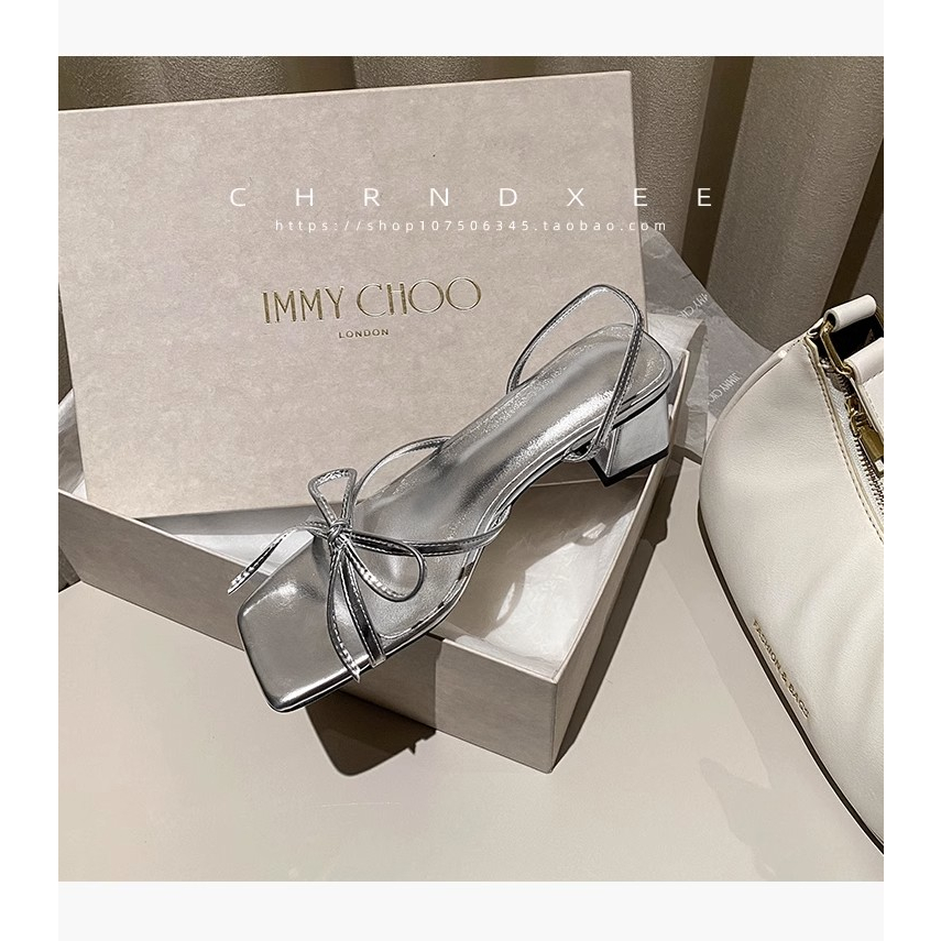Giày Sandal Cao Gót Mũi Vuông Thắt Nơ Sau Lưng Màu Bạc Thời Trang Mùa Hè