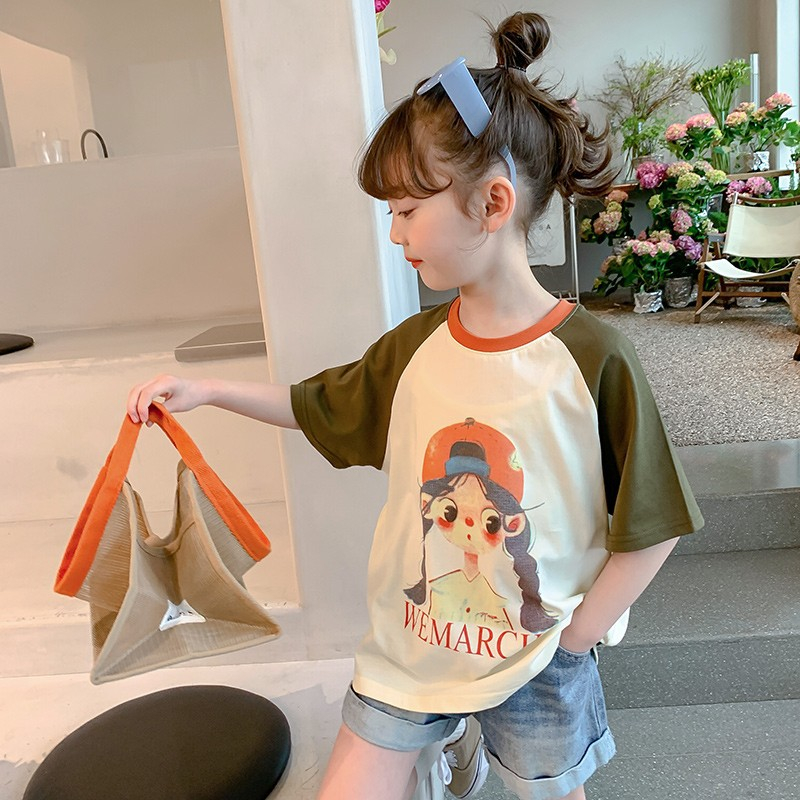 Sun baby Áo Thun Tay Lỡ Cổ Tròn In Họa Tiết Dễ Thương Thời Trang Mùa Hè Cho Bé Gái