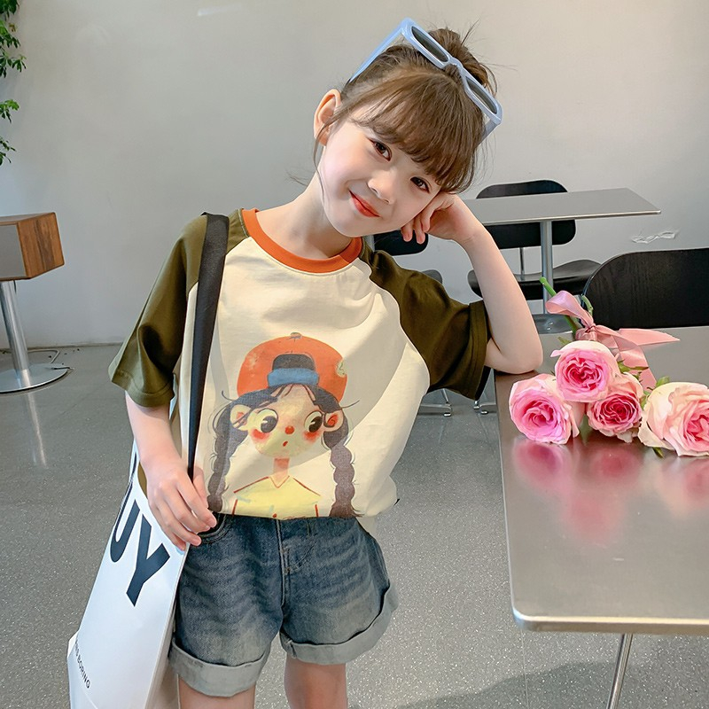 Sun baby Áo Thun Tay Lỡ Cổ Tròn In Họa Tiết Dễ Thương Thời Trang Mùa Hè Cho Bé Gái