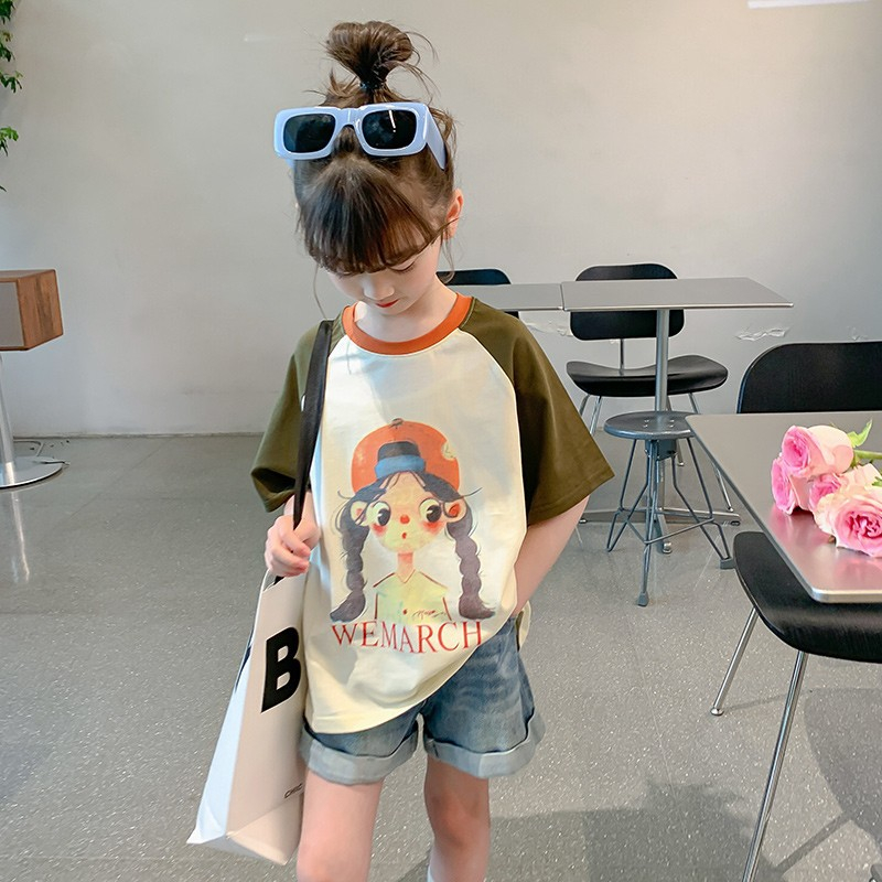 Sun baby Áo Thun Tay Lỡ Cổ Tròn In Họa Tiết Dễ Thương Thời Trang Mùa Hè Cho Bé Gái