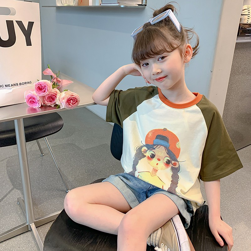 Sun baby Áo Thun Tay Lỡ Cổ Tròn In Họa Tiết Dễ Thương Thời Trang Mùa Hè Cho Bé Gái