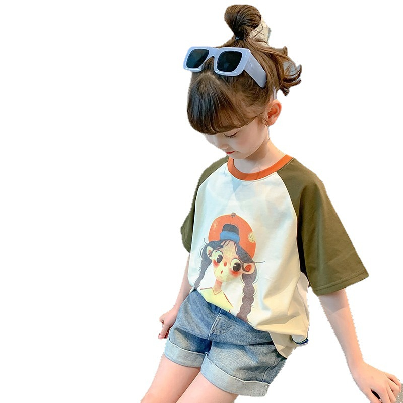 Sun baby Áo Thun Tay Lỡ Cổ Tròn In Họa Tiết Dễ Thương Thời Trang Mùa Hè Cho Bé Gái