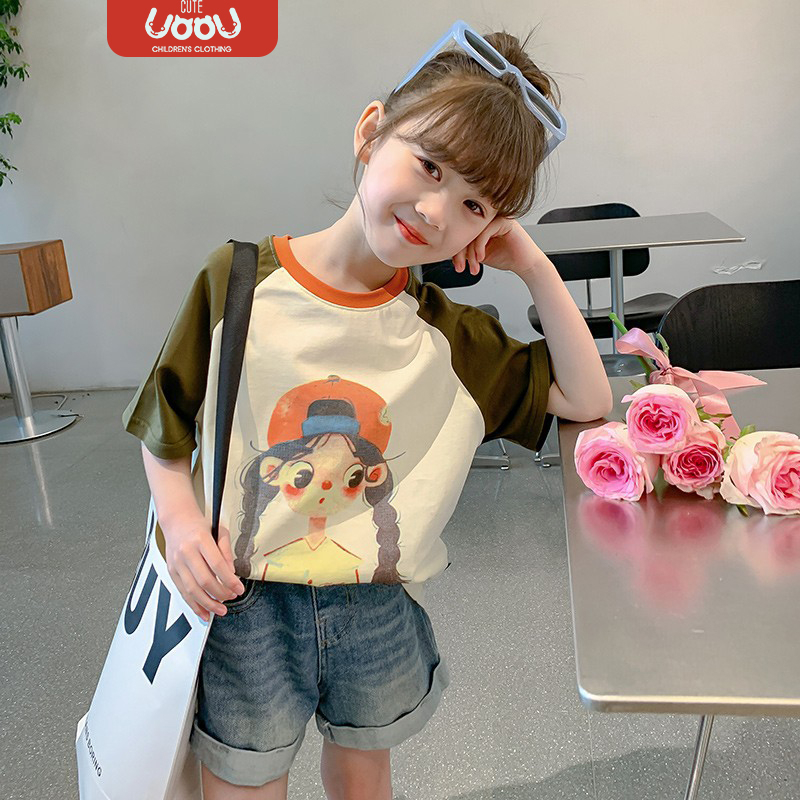 Sun baby Áo Thun Tay Lỡ Cổ Tròn In Họa Tiết Dễ Thương Thời Trang Mùa Hè Cho Bé Gái