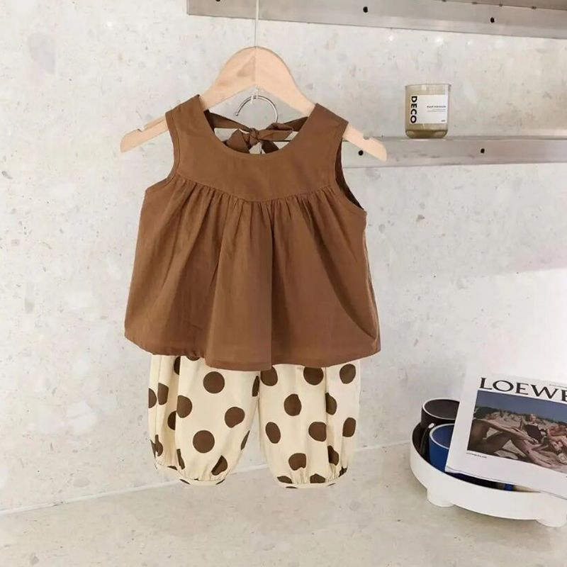 Set Áo Thun Sát Nách Chấm Bi Và Quần Short Màu Nâu Thời Trang Mùa Hè Cho Bé
