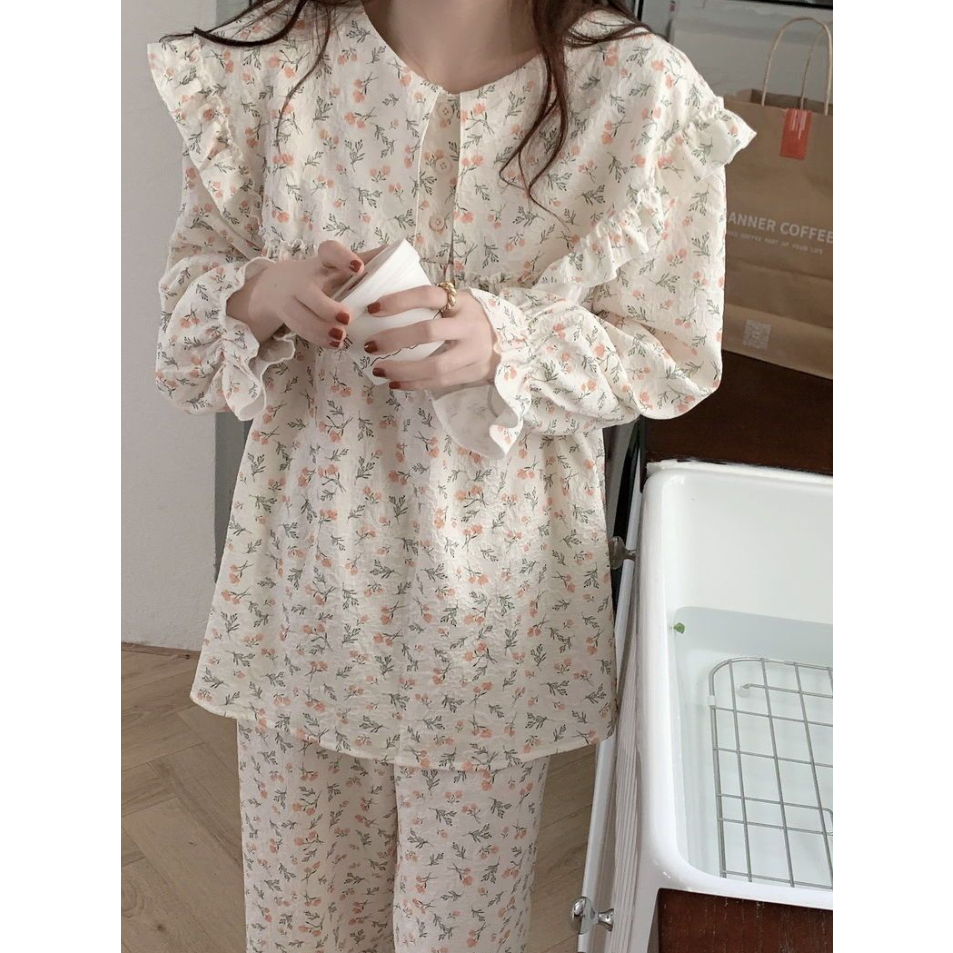 Bộ Đồ Ngủ Tay Dài Dáng Rộng Phong Cách Hàn Quốc Thời Trang Xuân Thu Xinh Xắn Cho Nữ