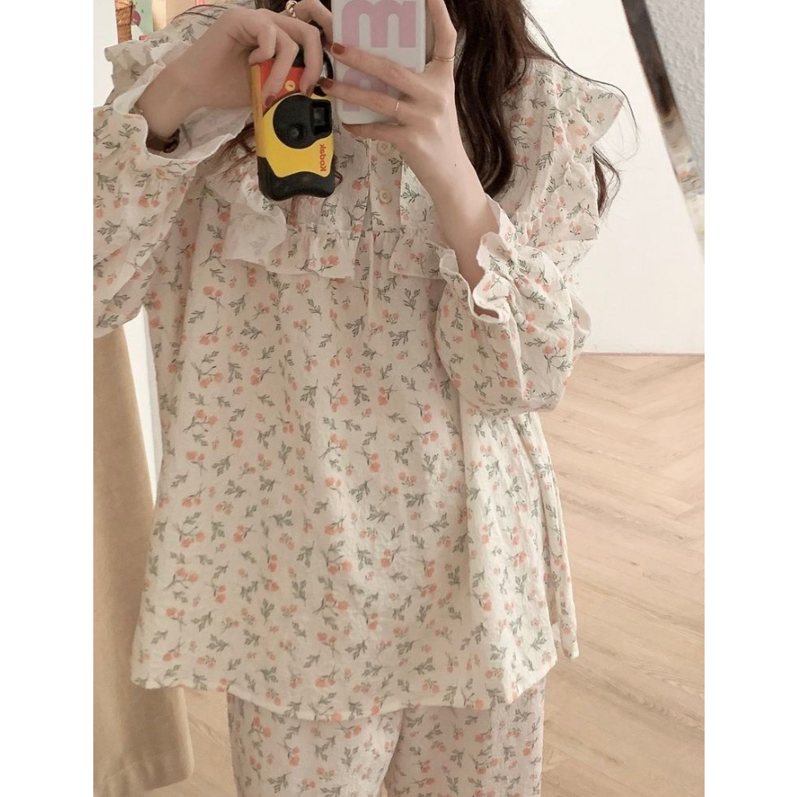 Bộ Đồ Ngủ Tay Dài Dáng Rộng Phong Cách Hàn Quốc Thời Trang Xuân Thu Xinh Xắn Cho Nữ