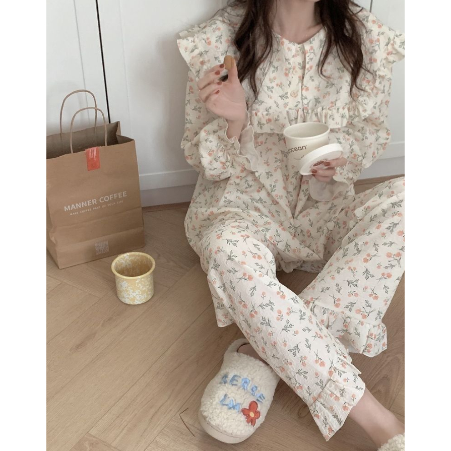 Bộ Đồ Ngủ Tay Dài Dáng Rộng Phong Cách Hàn Quốc Thời Trang Xuân Thu Xinh Xắn Cho Nữ