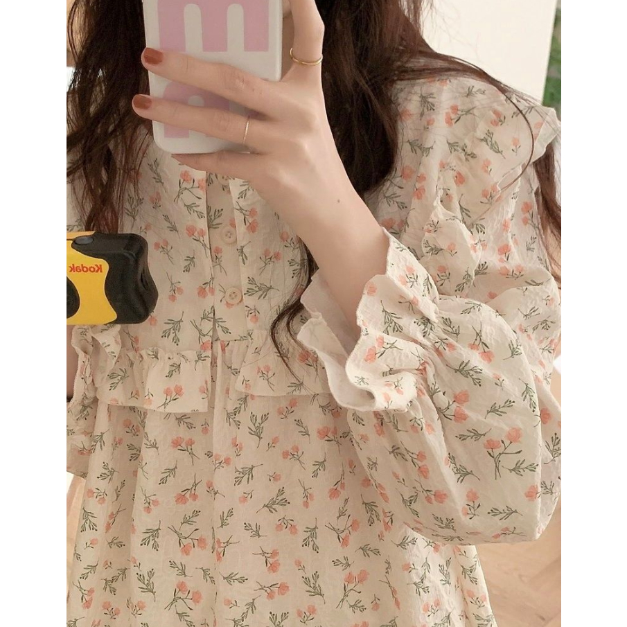 Bộ Đồ Ngủ Tay Dài Dáng Rộng Phong Cách Hàn Quốc Thời Trang Xuân Thu Xinh Xắn Cho Nữ