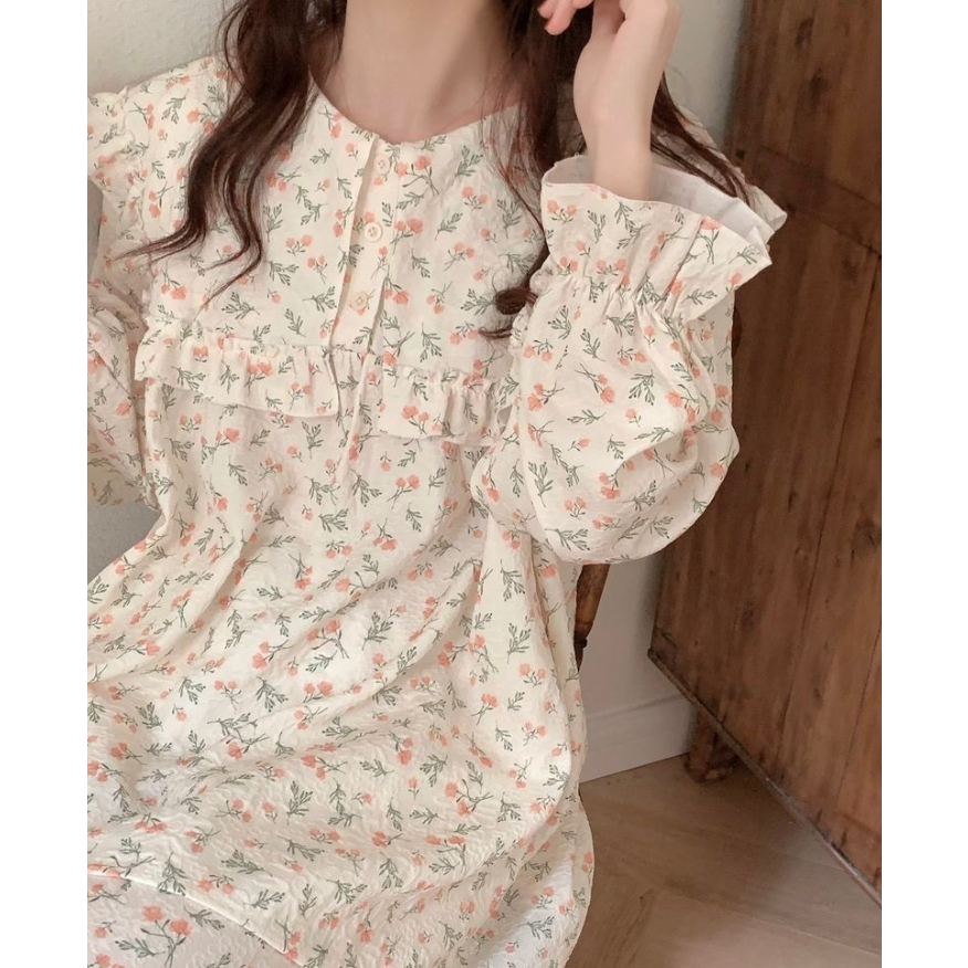 Bộ Đồ Ngủ Tay Dài Dáng Rộng Phong Cách Hàn Quốc Thời Trang Xuân Thu Xinh Xắn Cho Nữ