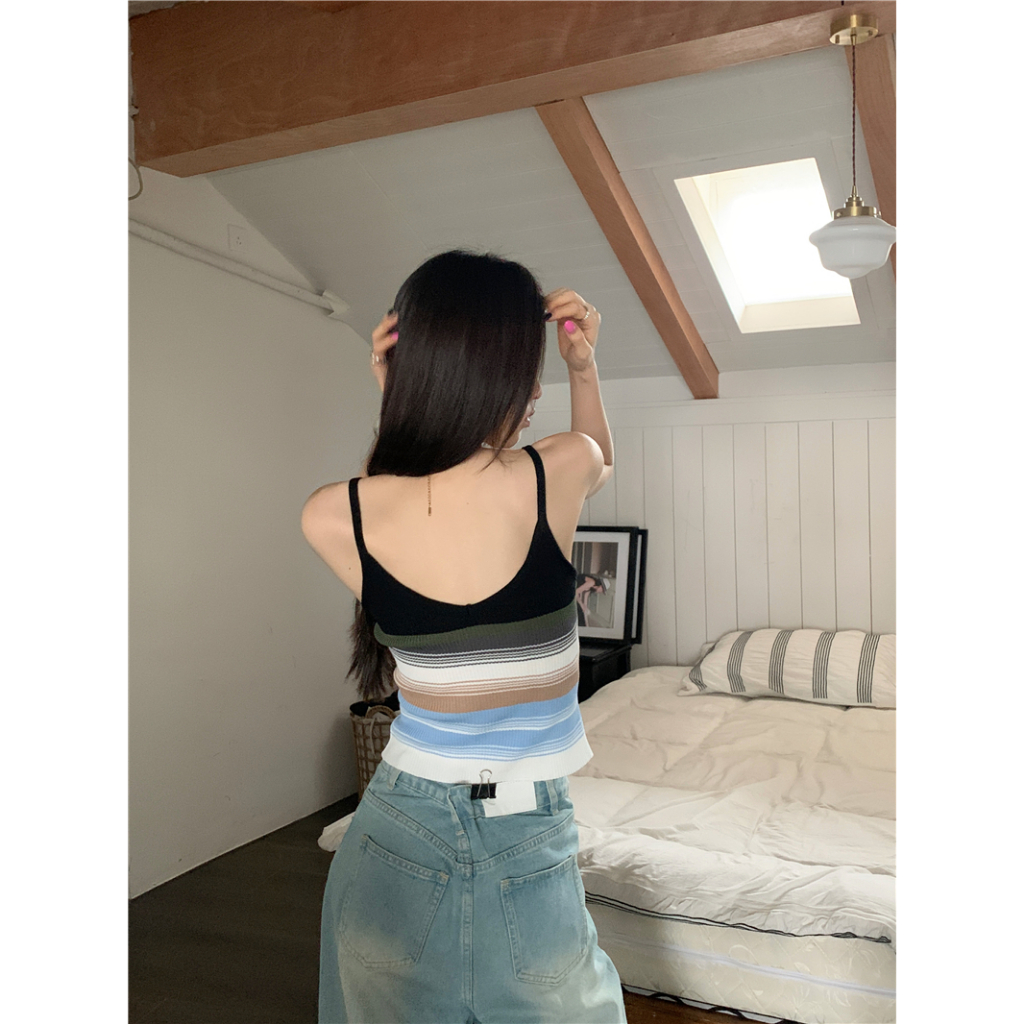 Áo Hai Dây Dệt Kim Dáng Ngắn Họa Tiết Kẻ Sọc Phong Cách Hàn Quốc Thời Trang Cho Nữ