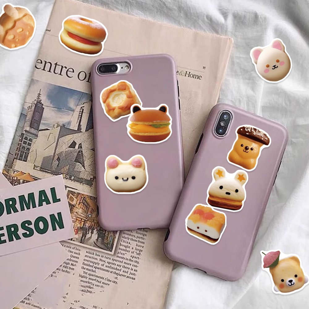 Bộ 50 Miếng Dán Trang Trí Điện Thoại / iPad Hình Bánh Mì / Bánh Quy Hoạt Hình graffiti Chống Thấm Nước