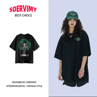 Áo thun SOERVIMY A29J0TN 36Z230909 dáng rộng tay lỡ họa tiết chữ phong cách đường phố Mỹ cổ điển thời trang