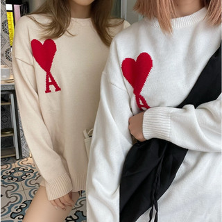 Áo sweater dệt kim tay dài hoạ tiết trái tim có size lớn cho nam và nữ
