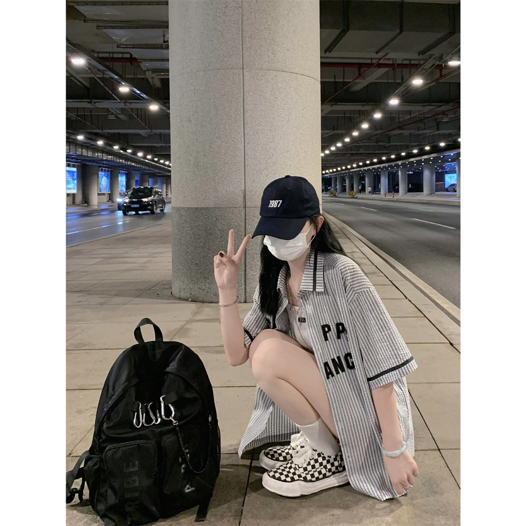 Áo Sơ Mi Nữ Tay Ngắn Kẻ Sọc In Chữ Thời Trang Hàn Quốc