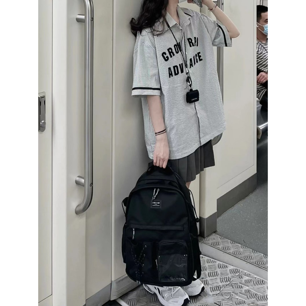 Áo Sơ Mi Nữ Tay Ngắn Kẻ Sọc In Chữ Thời Trang Hàn Quốc