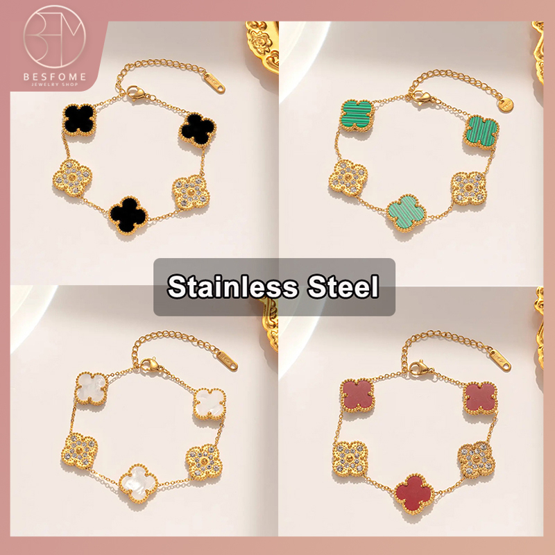 Besfome Vòng Tay Cỏ Bốn Lá Bằng Thép Không Gỉ Mạ Vàng 18k Chống Nước Có Thể Điều Chỉnh Cho Nữ
