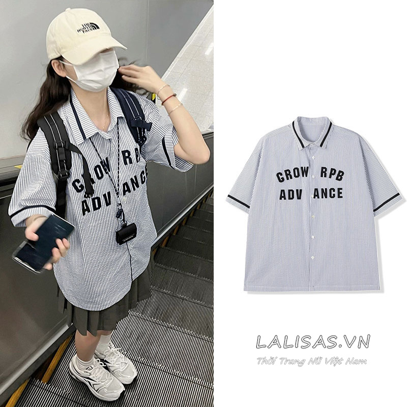 Áo Sơ Mi Nữ Tay Ngắn Kẻ Sọc In Chữ Thời Trang Hàn Quốc