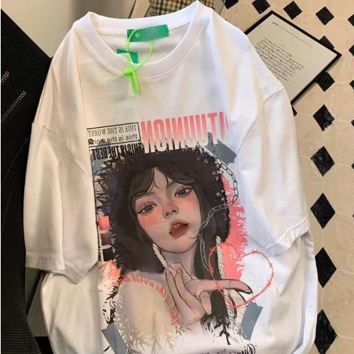 Jiashucheng Áo Thun Mùa Hè Tay Lửng Dáng Rộng Phong Cách Hip Hop Đường Phố Hàn Quốc Ngọt Ngào Jiashucheng @ -