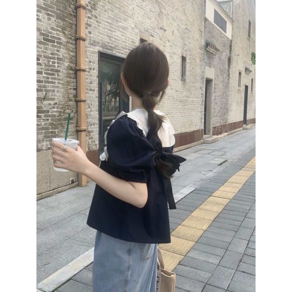 Áo Sơ Mi Ngắn Tay Cổ Búp Bê Chắp Vá Phong Cách Pháp Ngọt Ngào Cho Nữ