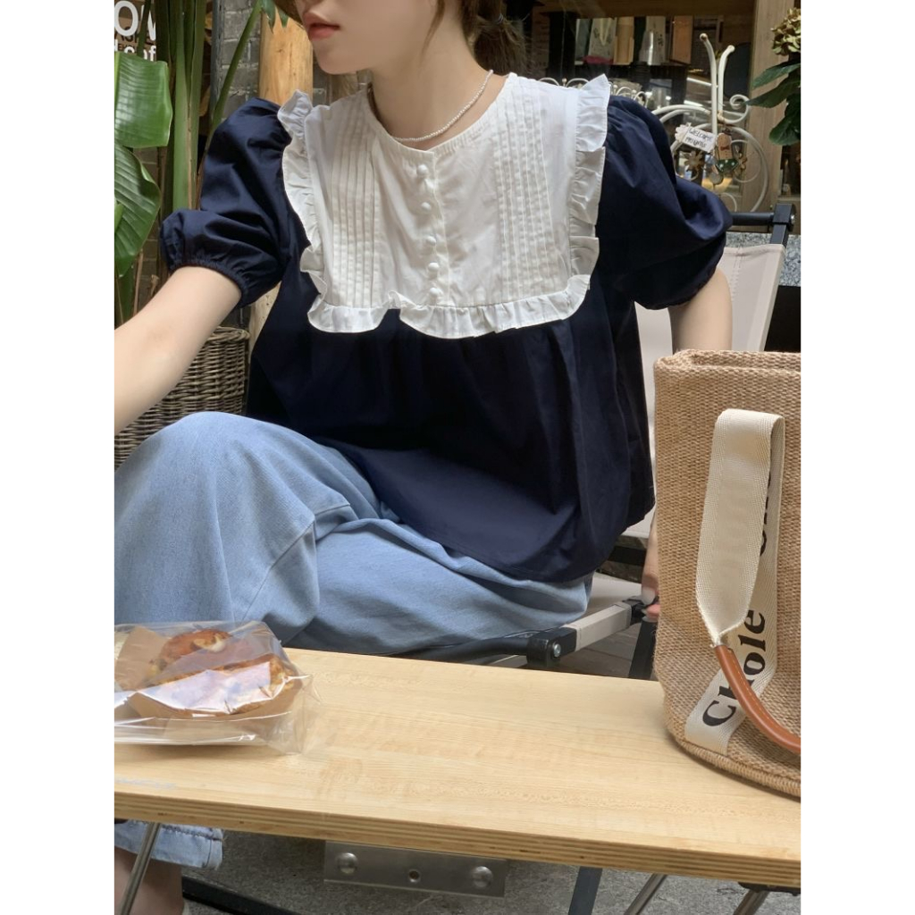 Áo Sơ Mi Ngắn Tay Cổ Búp Bê Chắp Vá Phong Cách Pháp Ngọt Ngào Cho Nữ